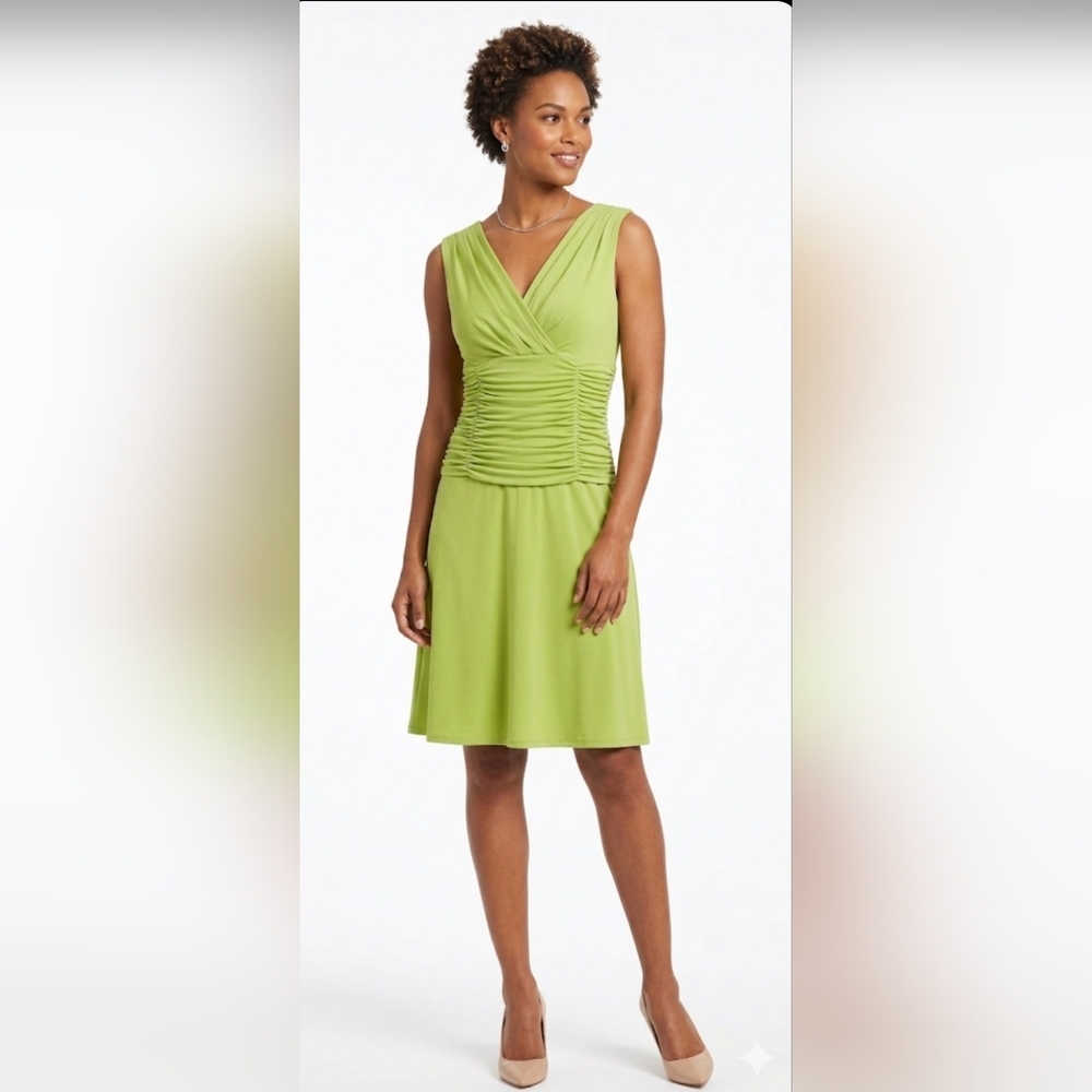 Dressbarn Lime Green V-Neck Ruched Waist Midi Dress size:12